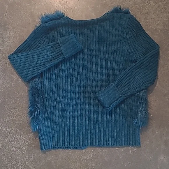 A.N.A A NEW APPROACH FAUX FUR CARDIGAN SWEATER PEACOCK BLUE - Picture 6 of 6